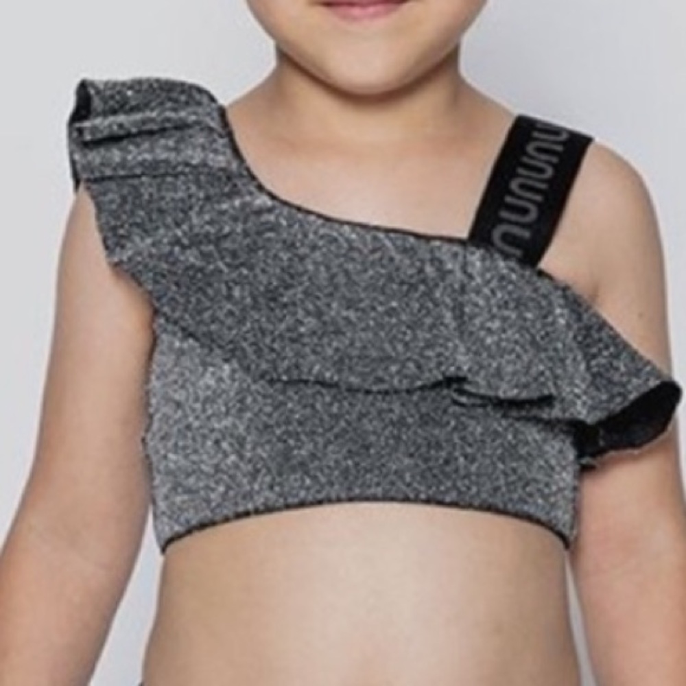 Nununu Silver Glitter Logo One-Shoulder Swim Top